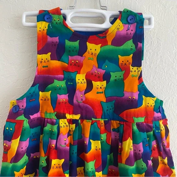 Vintage 90s handmade 100% cotton colorful rainbow cat print girl’s dress jumper - Picture 3 of 15